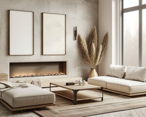 Minimalist living room interior with a fireplace. wooden coffee table. and pampas grass in a vase