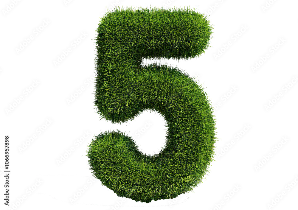 Poster grass font 3d rendering number 5 isolated on a transparent or white background