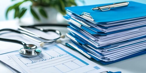 Medical documents and a stethoscope on a desk, organized for health care.