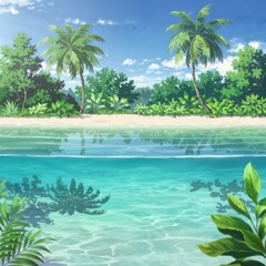 Obraz premium Tranquil Tropical Beach Scene with Palm Trees and Crystal Clear Water