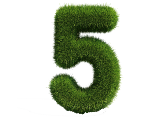 Grass font 3d rendering number 5 isolated on a transparent or white background