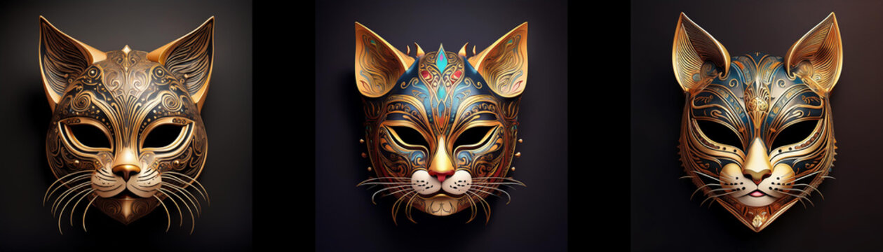 Three ornate cat masks are isolated on a black background. The masks feature intricate details and a variety of colors.