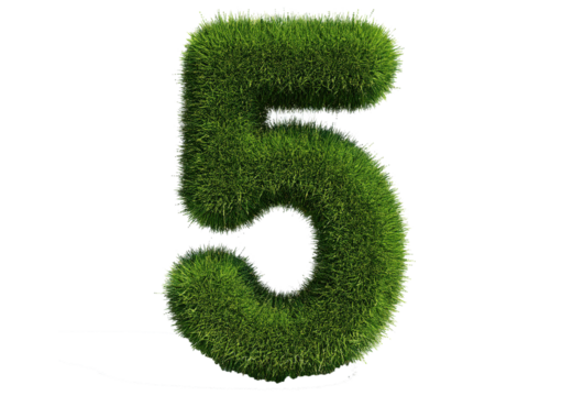 Grass font 3d rendering number 5 isolated on a transparent or white background