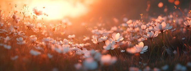 A beautiful field of white and pink flowers, with a sunset in the background, creating a dreamy and ethereal, cinematic