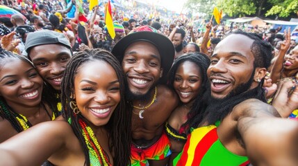 Happy friends taking selfie at reggae music festival