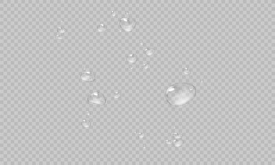 Vector water drops. PNG droplets, condensation on glass, on various surfaces. Realistic drop on a transparent background. Rain and dew.