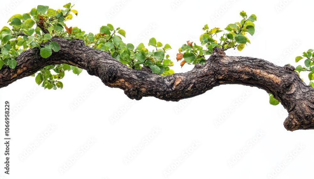 Poster a close-up view of a textured branch with green leaves isolated on a white background