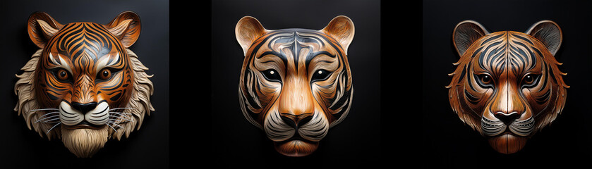 Three tiger masks are isolated against a black background.