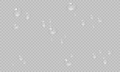 Vector water drop, drops, droplets. PNG drops, condensation on glass, on various surfaces. Realistic drops on a transparent background. Rain and dew.