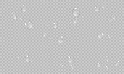 Vector water drops. PNG droplets, condensation on glass, on various surfaces. Realistic drop on a transparent background. Rain and dew.