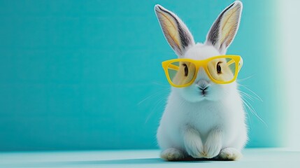 Cute rabbit wearing yellow sunglasses, isolated on a pastel background.
