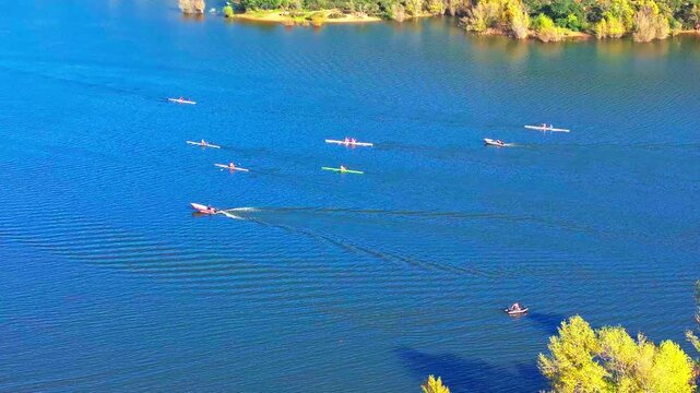 Aerial view of kayaks on the Lake of Saint-Cassien