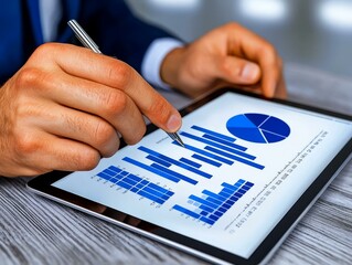 Businessman analyzing data on tablet with graphs and charts.