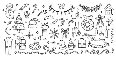 Christmas and New Year line art doodle set, celebration drawings and symbols, ink sketches. Vector illustration.