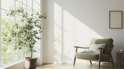 Fototapeta premium A Minimalist Living Room with a Green Armchair and a Plant Near the Window