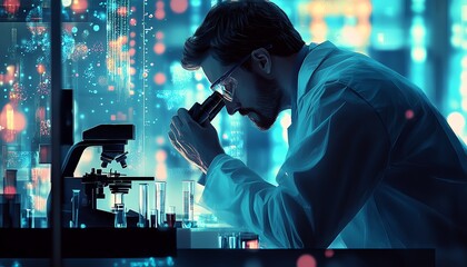 A dynamic laboratory scene featuring a scientist in a lab coat examining a biological sample under a microscope, illustrating the importance of scientific inquiry