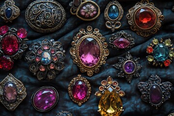 vintage gemstone brooches, exquisite gemstone brooch collection on textured fabric, for a sophisticated vintage-inspired style, ideal for a title
