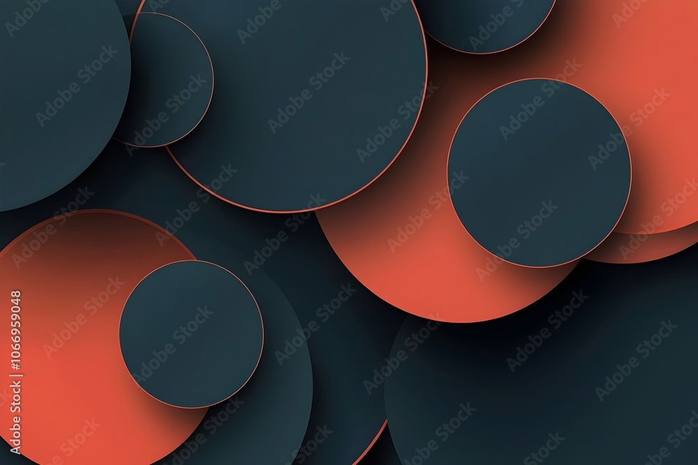 Poster An abstract composition featuring varying sizes of circular shapes in deep teal and warm coral tones, creating a modern and visually intriguing pattern.