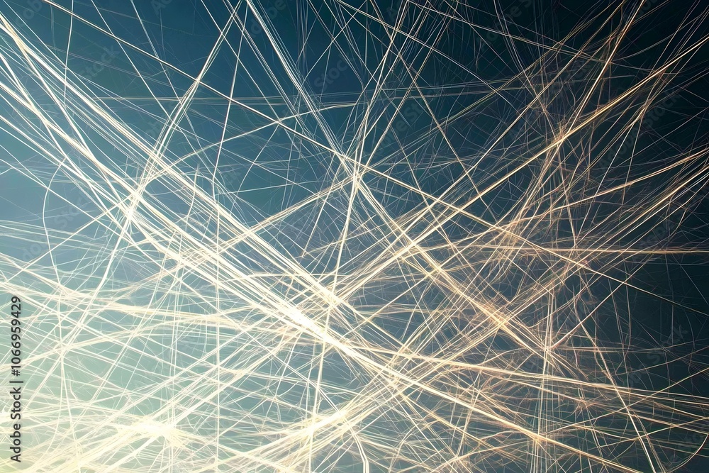 Poster an abstract composition showcasing intersecting light trails against a dark background, creating a d