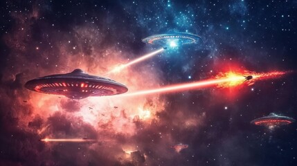 Fototapeta premium A cosmic battle between futuristic spacecraft and alien UFOs, with bright laser beams and explosions lighting up the vastness of space