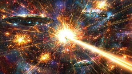Naklejka premium A cosmic battle between futuristic spacecraft and alien UFOs, with bright laser beams and explosions lighting up the vastness of space