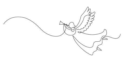 Christmas angel playing on horn. Continuous line drawing.