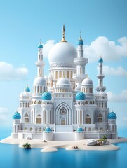Naklejka premium Majestic white palace with blue domes against a serene sky and water backdrop.