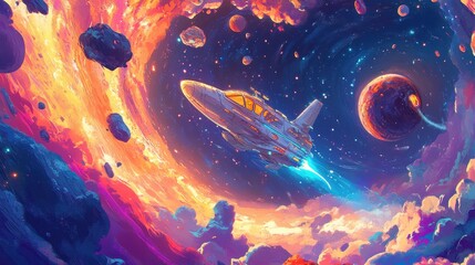 A fantastical spacecraft navigating through a swirling galaxy, passing vibrant nebulae and massive asteroids, with space creatures swimming alongside