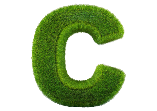 Grass font 3d rendering letter C isolated on a transparent or white background