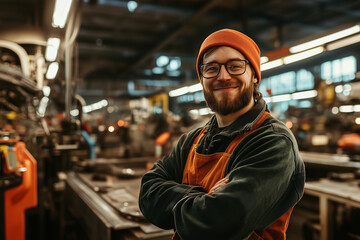 A man wearing an orange hat and an apron is smiling in a factory
