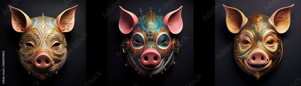 Poster three pig masks are isolated on a black background. each mask features a unique design with intricat