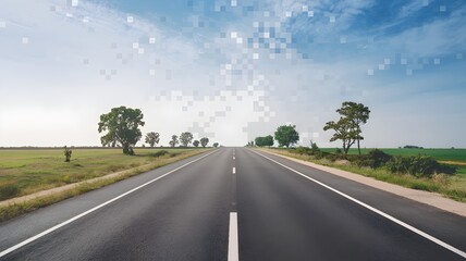 Empty road with pixelated horizon, journey theme, few trees, clear sky, clouds