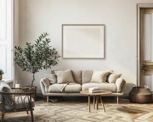 A cozy living room with a large window. a blue sofa. a wooden coffee table. a framed poster. and a fluffy rug