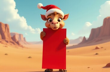 A young camel stands in the middle of the desert wearing a santa hat and holding a large blank poster in red, space for text. Cartoon. Christmas, New Year