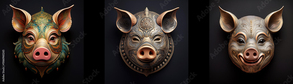 Poster three pig masks are displayed in a row, isolated on a black background.