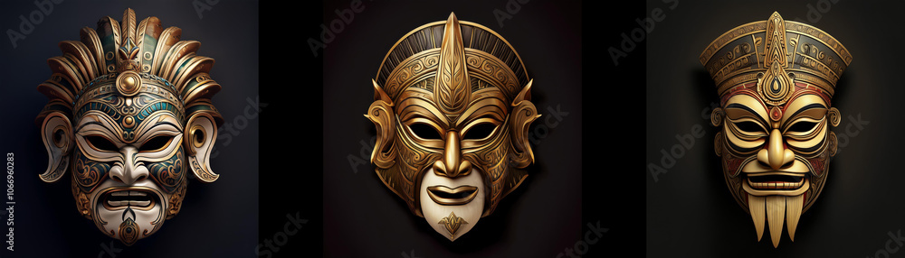 Poster three intricately carved masks with various features and styles are isolated against a black backgro