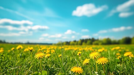 Obraz premium A vibrant field of blooming dandelions under a clear blue sky on a sunny day in springtime