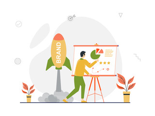 Brand building concept illustration focusing on reputation management, customer recognition, advertising, and strategies for effective brand awareness