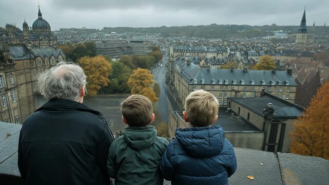 Elderly man with two young boys overlooking cityscape on cloudy day, family bonding and generational connection. Urban exploration, travel, and meaningful moments in historical European setting