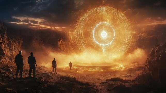 A group of explorers discovering an ancient alien spaceship buried in a desert, with strange symbols and lights emanating from it