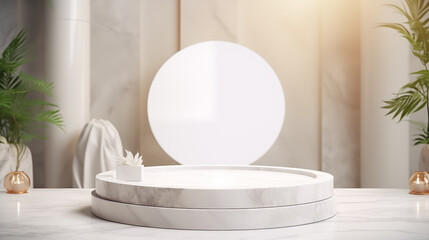 White marble tabletop, empty podium product display, over bathroom background with mirror.