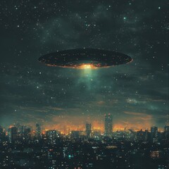 Obraz premium A massive UFO hovering above a glowing city at night, casting an eerie light across the skyline, with distant stars and galaxies visible in the sky