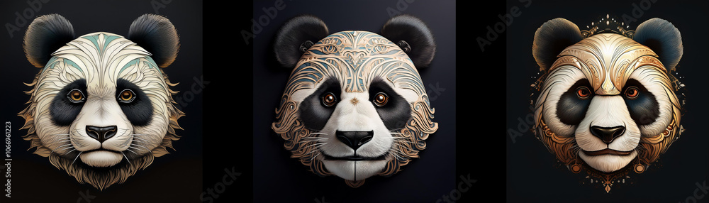 Aufkleber three panda bear masks isolated on a black background, each with a different colored and patterned d
