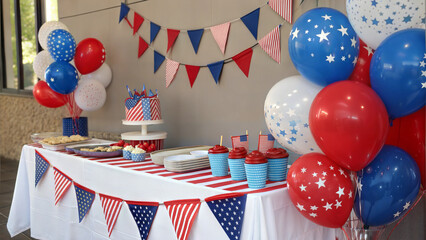 Obraz premium Celebrate Independence Day with a festive dessert table adorned in red, white, and blue decorations for summer fun