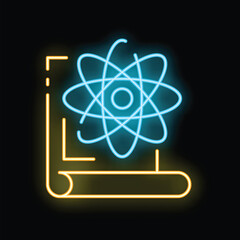 Neon glowing icon of an atom structure floating over a paper document, representing scientific research