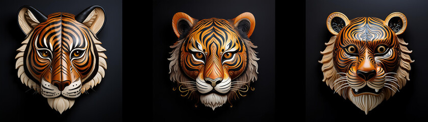 Three tiger masks isolated against a black background.