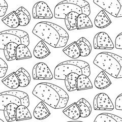 A pattern of doodles depicting various pieces of Feta cheese. A whole piece of pressed dairy product with sliced pieces. Greek curd cheese made from dairy products has a seamless texture