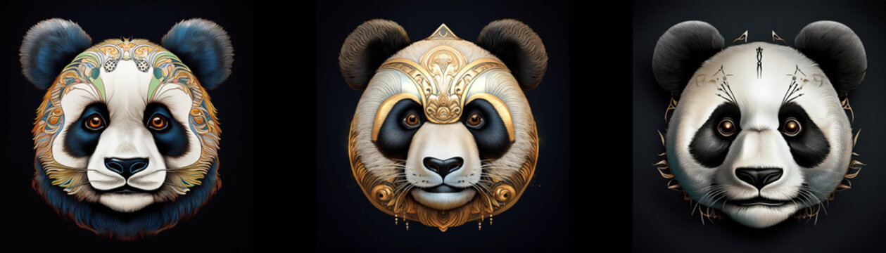 Three panda masks isolated on a black background, each with different intricate details.