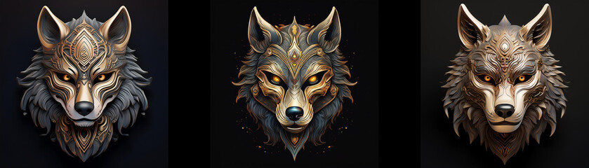 Naklejka premium Three wolf masks are isolated against a black background.