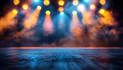 Brightly lit empty stage at a club ready for a performance in vibrant colors